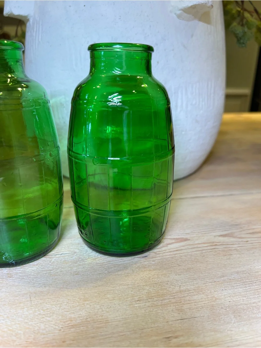 Set 3 Vintage Mickey's Fine Malt Green Glass Barrel Bottles 1960 Patent Pending